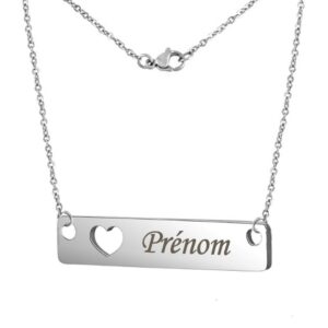 Collier coeur plaque ajourée gravure personnalisée prénom acier inoxydable poli