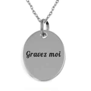 Collier médaille polie ovale acier inoxydable gravure personnalisée
