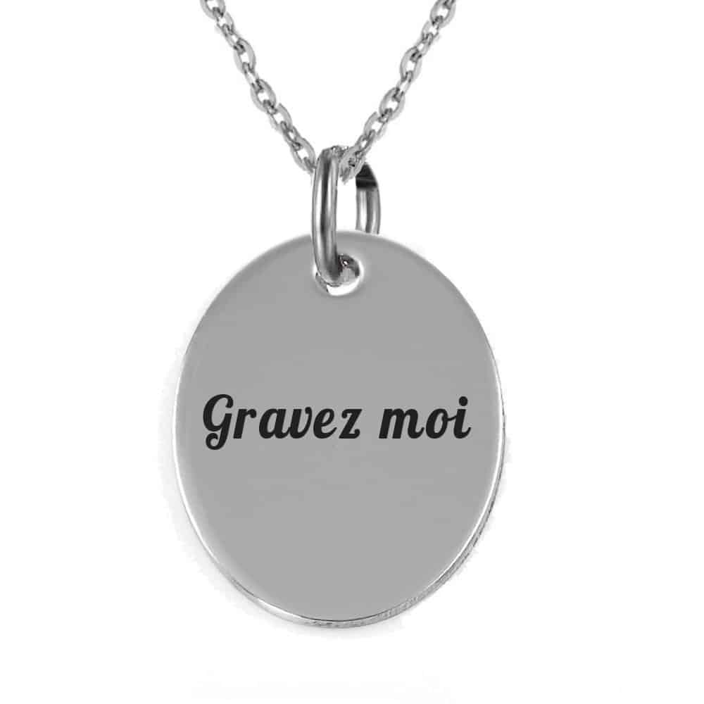 Collier Médaille Ovale gravé — Pendentif personnalisé acier 1 Collier médaille polie ovale acier inoxydable gravure personnalisée