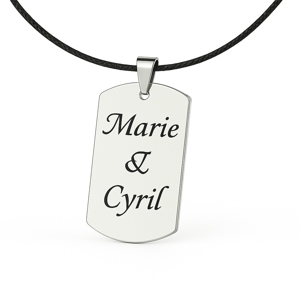 Collier Plaque Militaire Cordon Noir Personnalisé Gravé – Cadeau Homme Femme 1 Collier plaque militaire acier inoxydable poli gravure personnalisée