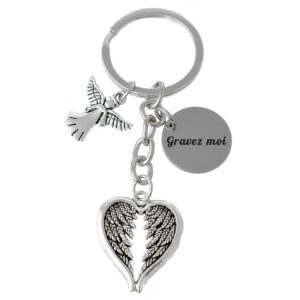 Porte-clés Ange & Cœur gravé — ailes
