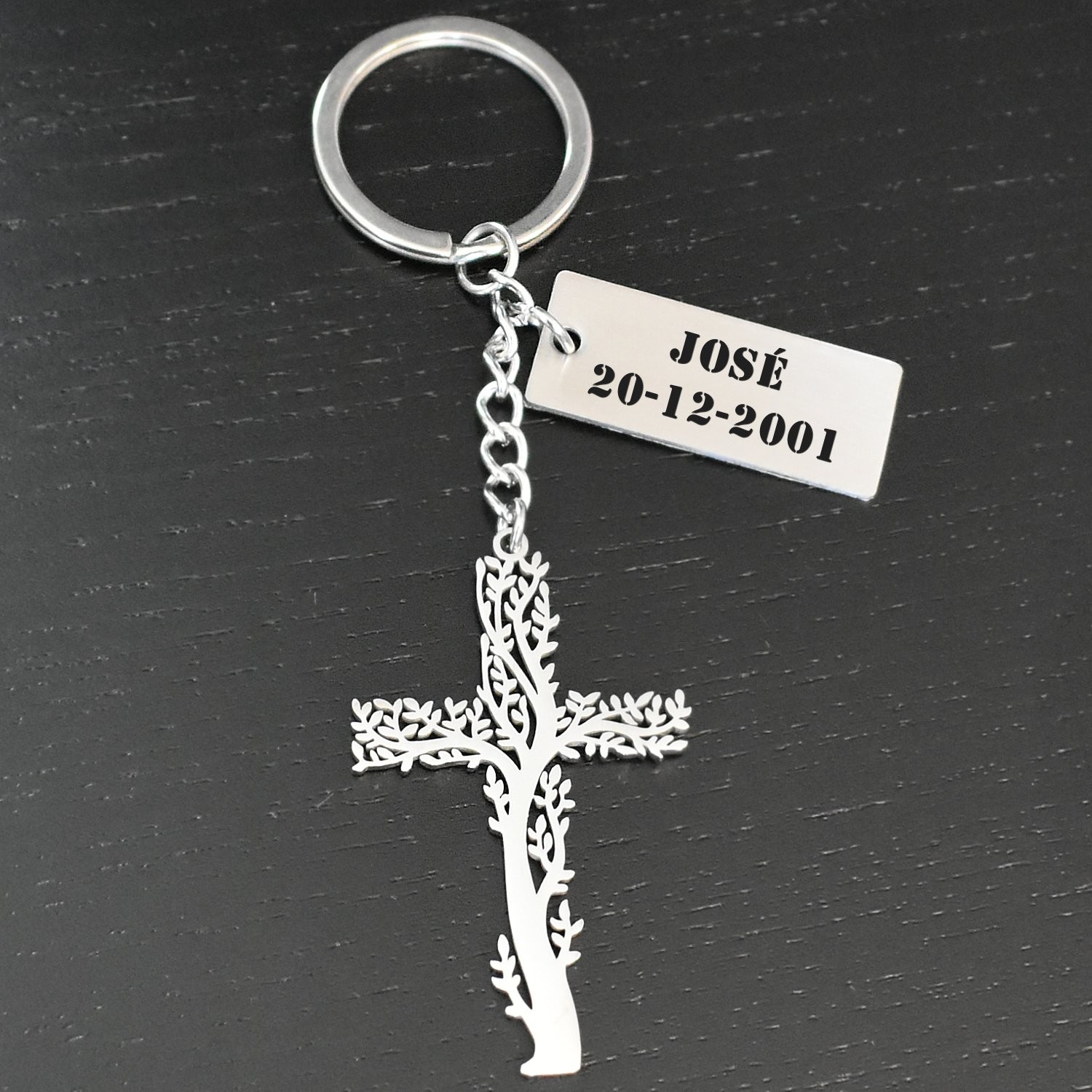 Porte-clés Croix Arbre de Vie gravé — Cadeau Spirituel Foi Personnalisé Acier 4 Porte-clés Arbre de Vie Croix gravé — origami acier