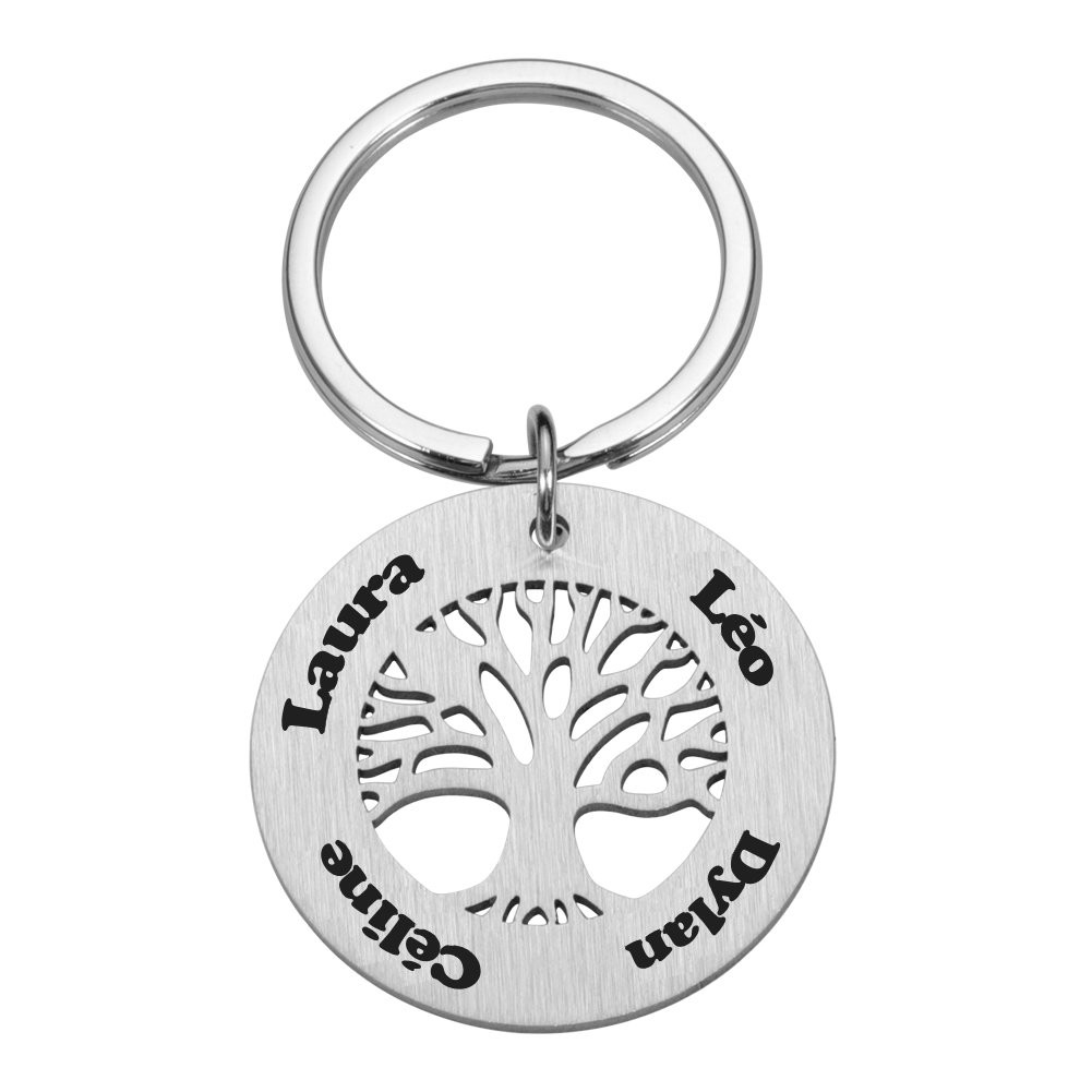 Porte-clés Arbre de Vie gravé — 4 Prénoms Famille Cadeau Maman Papa Acier 1 Porte-clés Arbre de Vie gravé — 4 prénoms acier