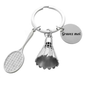 Porte-clés Badminton gravé — Raquette Volant Cadeau Sport Personnalisé Métal Argenté