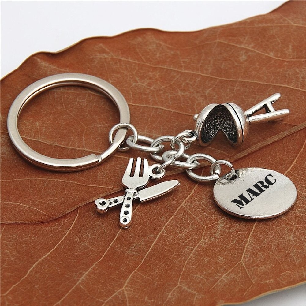 Porte-clés Barbecue gravé — Couteau Fourchette Cadeau Grill Personnalisé Métal Argenté 4 Porte-clés Barbecue gravé — couteau fourchette