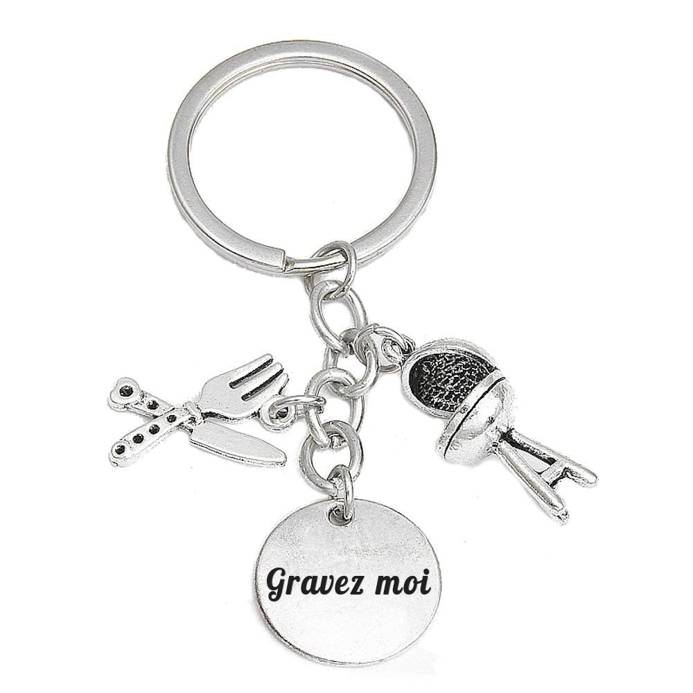Porte-clés Barbecue gravé — Couteau Fourchette Cadeau Grill Personnalisé Métal Argenté 1 Porte-clés Barbecue gravé — couteau fourchette