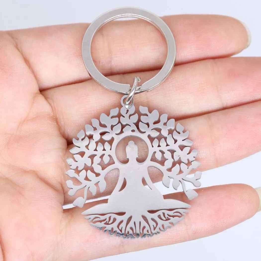 Porte-clés Bouddha Arbre de Vie gravé — Cadeau Méditation Personnalisé en Acier 2 Porte-clés Bouddha Arbre de Vie gravé — acier