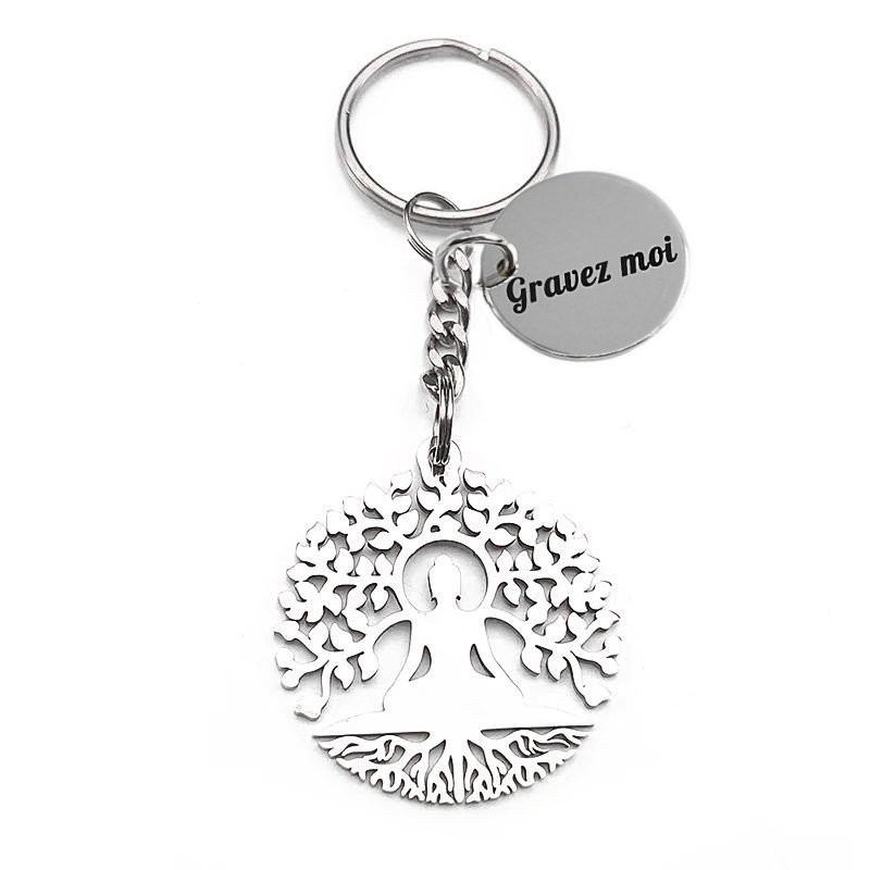 Porte-clés Bouddha Arbre de Vie gravé — Cadeau Méditation Personnalisé en Acier 1 Porte-clés Bouddha Arbre de Vie gravé — acier