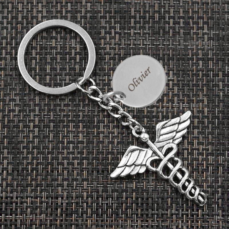 Porte-clés Caducée Médical gravé — Cadeau Médecin Infirmier Personnalisé Métal Argenté 2 Porte-clés Caducée Médical gravé