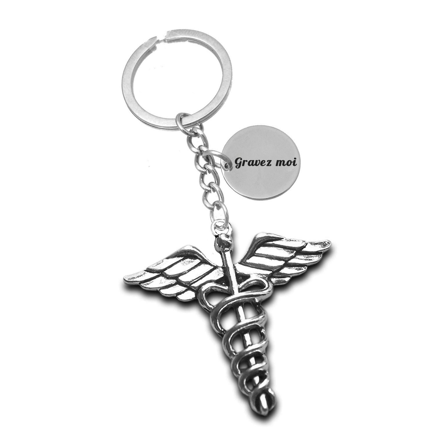 Porte-clés Caducée Médical gravé — Cadeau Médecin Infirmier Personnalisé Métal Argenté 1 Porte-clés Caducée Médical gravé