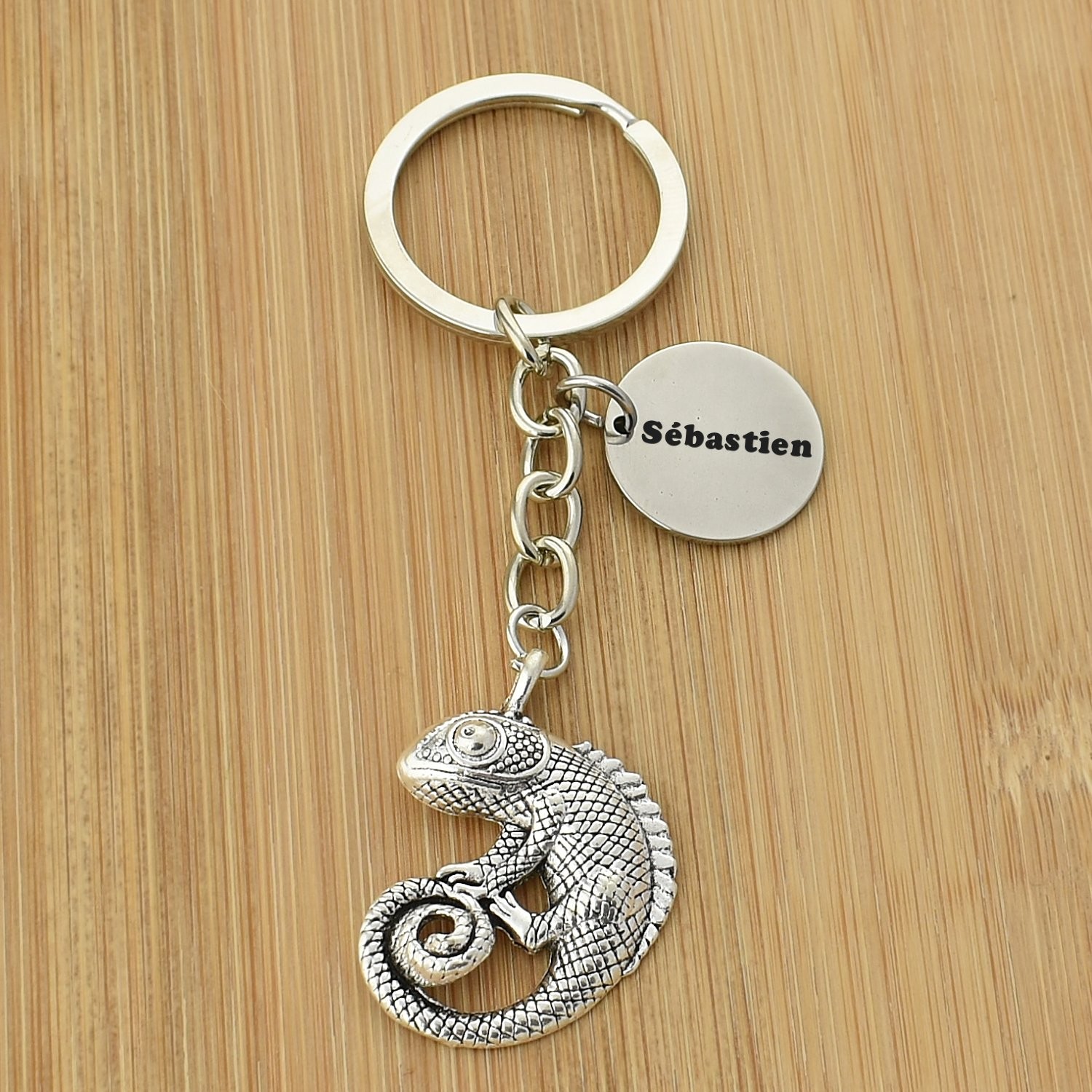Porte-clés Caméléon gravé — Cadeau Reptile Personnalisé Métal Argenté 2 Porte-clés Caméléon gravé