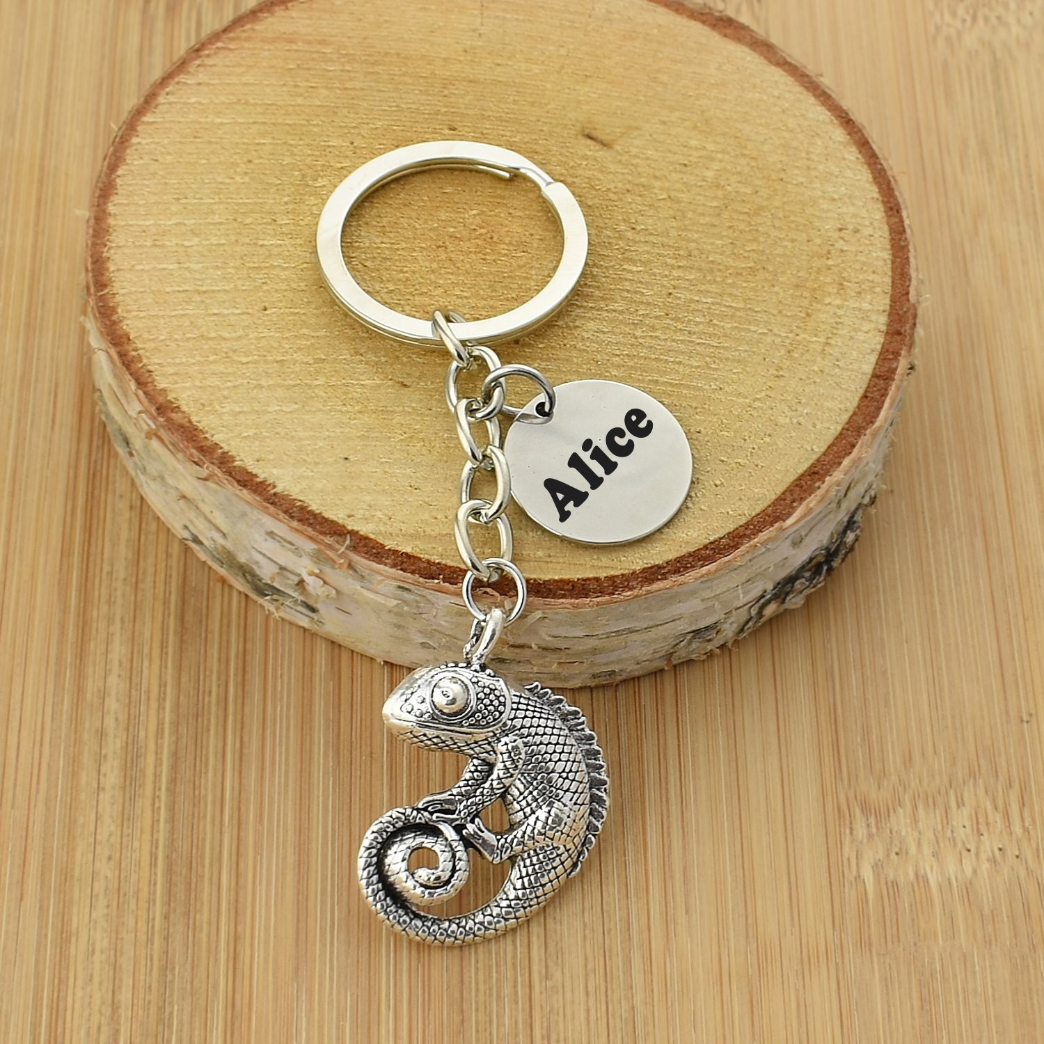 Porte-clés Caméléon gravé — Cadeau Reptile Personnalisé Métal Argenté 3 Porte-clés Caméléon gravé