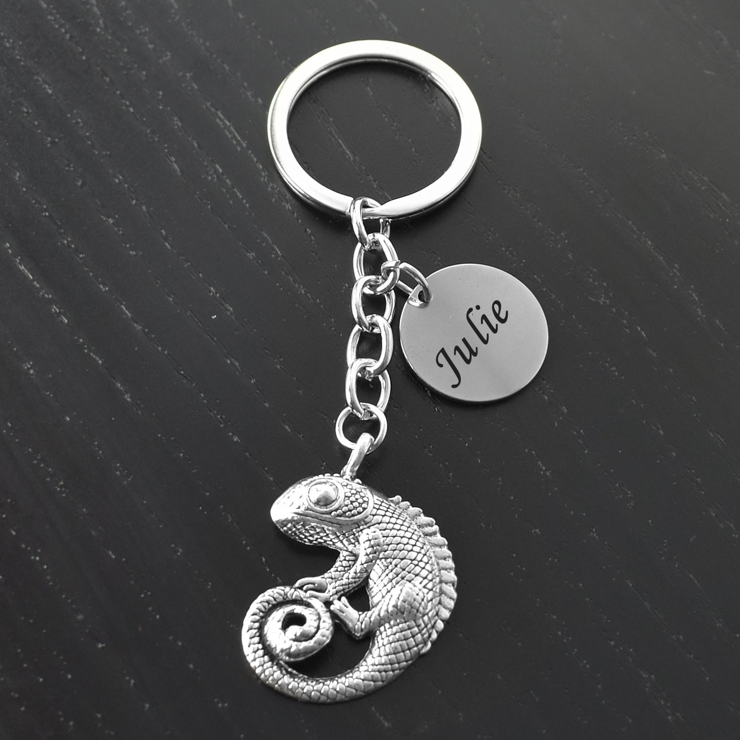 Porte-clés Caméléon gravé — Cadeau Reptile Personnalisé Métal Argenté 4 Porte-clés Caméléon gravé