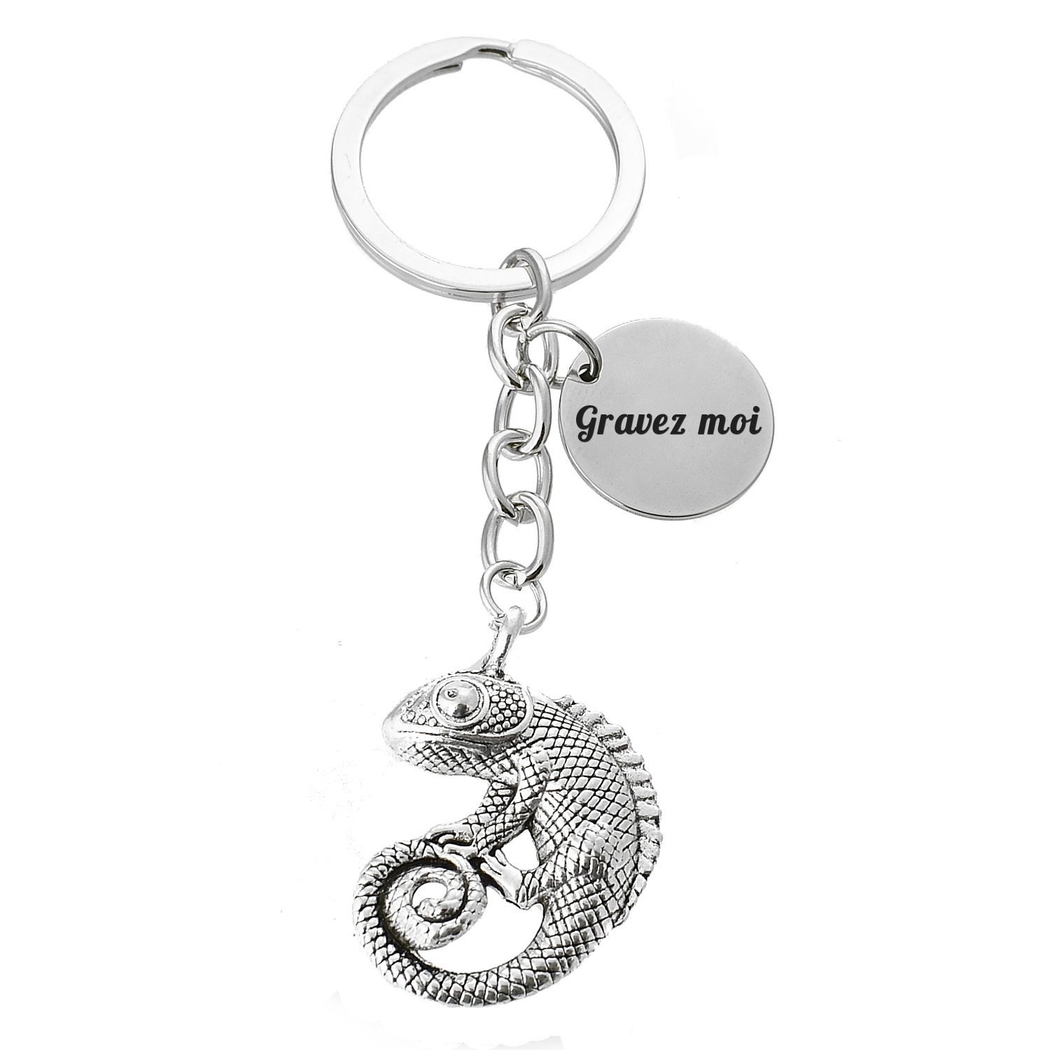 Porte-clés Caméléon gravé — Cadeau Reptile Personnalisé Métal Argenté 1 Porte-clés Caméléon gravé