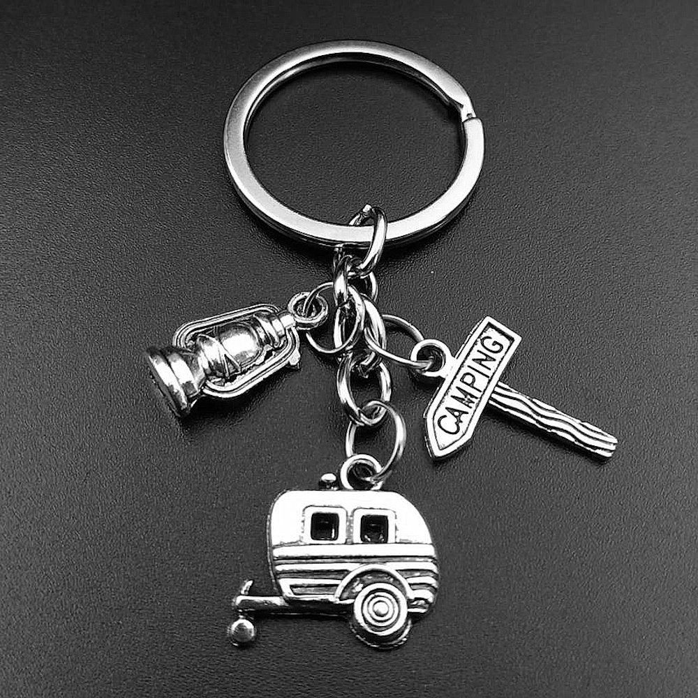 Porte-clés Camping gravé — Caravane Lanterne Cadeau Vacances Personnalisé Métal Argenté 2 Porte-clés Camping gravé — caravane lanterne
