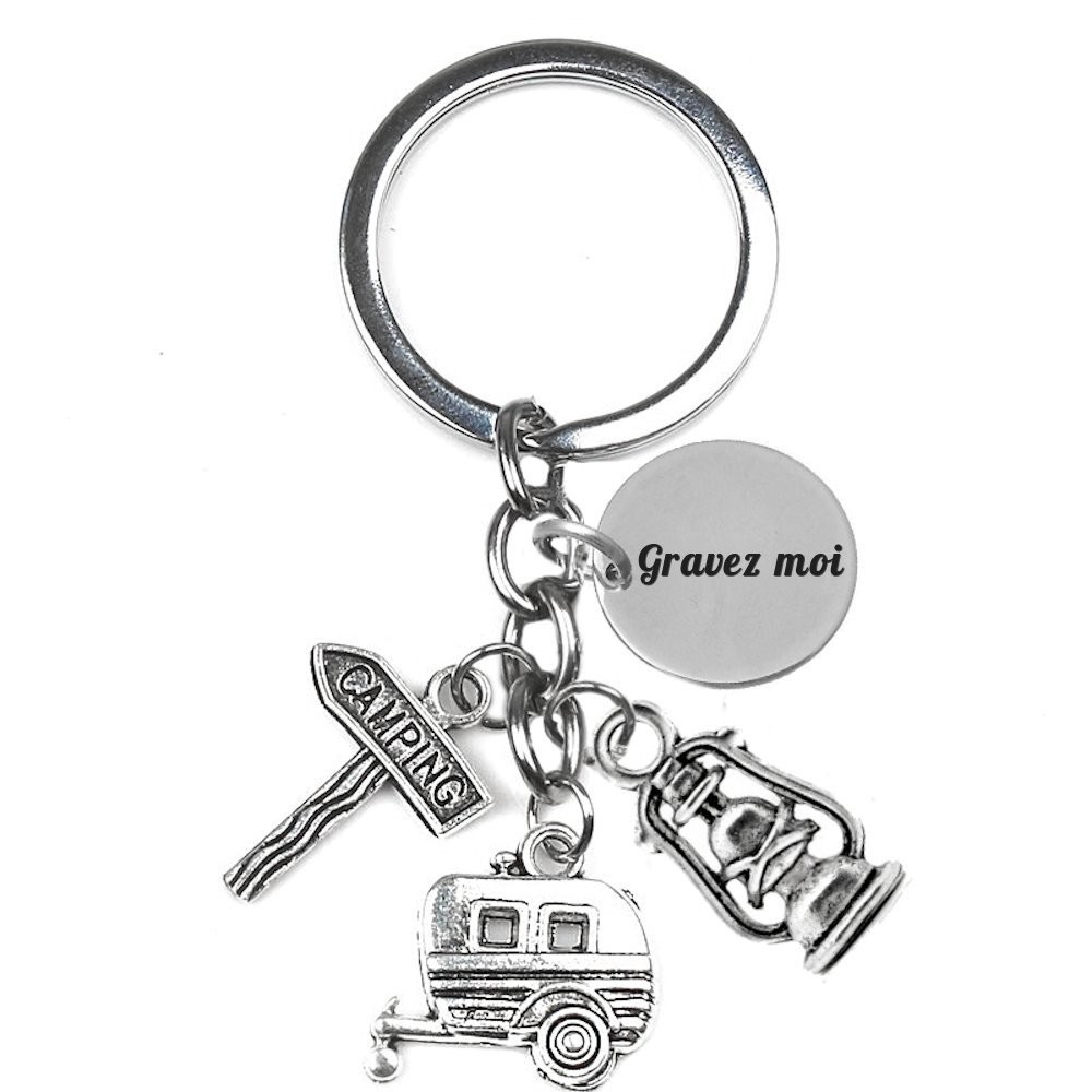 Porte-clés Camping gravé — Caravane Lanterne Cadeau Vacances Personnalisé Métal Argenté 1 Porte-clés Camping gravé — caravane lanterne