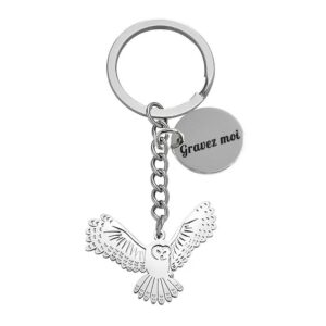 Porte-clés Chouette gravé — ailes déployées acier