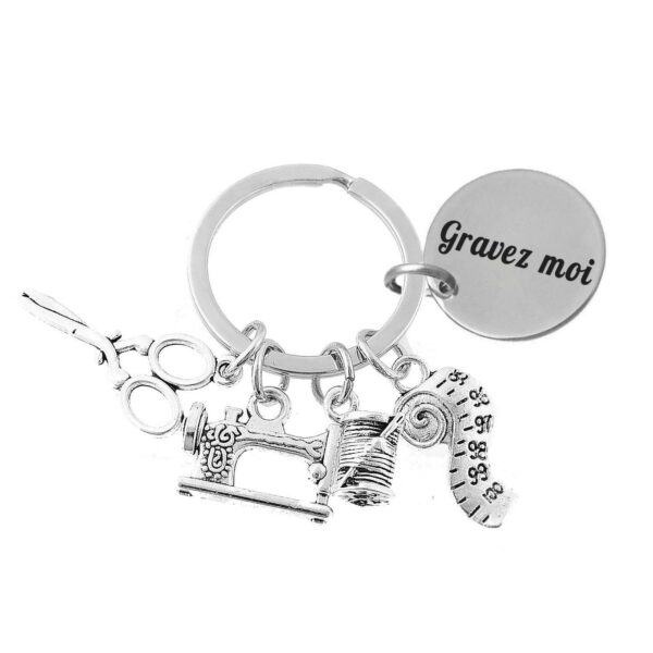 Porte-clés Couturière gravé — Machine Ciseaux Bobine Cadeau Couture Personnalisé