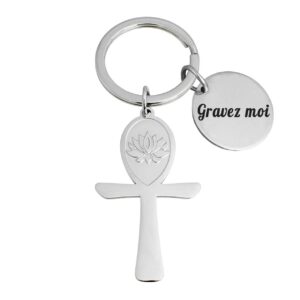 Porte-clés Croix Ânkh Lotus gravé — acier inox