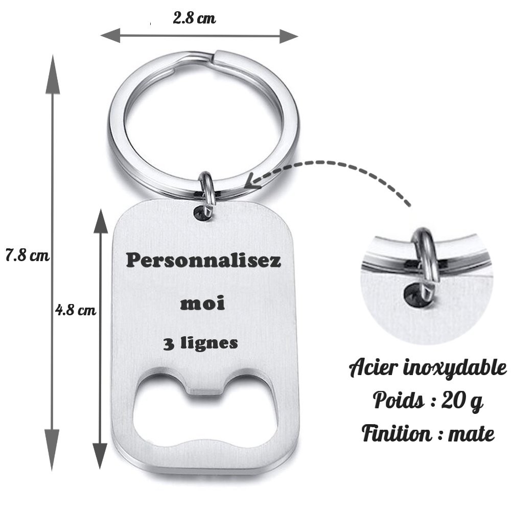 Porte-clés Décapsuleur Personnalisé Gravé – 3 Lignes – Cadeau Bière, Apéro ou Cadeau Pratique et Malin 6 Porte-clés Décapsuleur gravé — acier inox