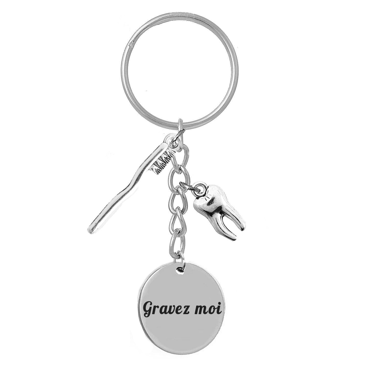 Porte-clés Dentiste Personnalisé Gravé – Cadeau Chirurgien-Dentiste, Assistante Dentaire ou Départ en Retraite 1 Porte-clés Dentiste gravé — dent et brosse