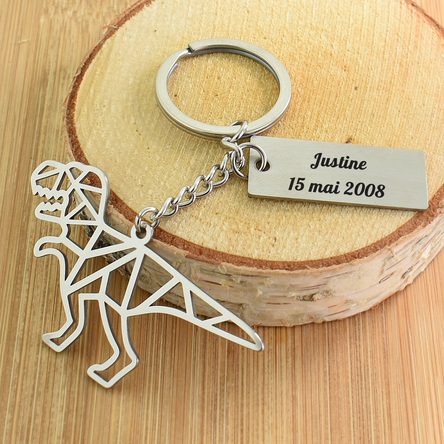 Porte-clés Dinosaure Origami gravé — Plaque 2 Lignes Cadeau Dino Personnalisé Acier 3 Porte-clés Dinosaure Origami gravé — plaque acier
