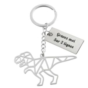 Porte-clés Dinosaure Origami gravé — Plaque 2 Lignes Cadeau Dino Personnalisé Acier