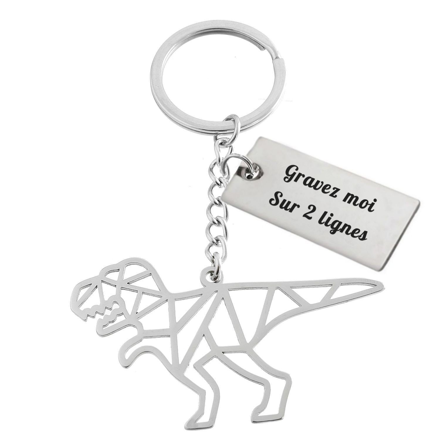 Porte-clés Dinosaure Origami gravé — Plaque 2 Lignes Cadeau Dino Personnalisé Acier 1 Porte-clés Dinosaure Origami gravé — plaque acier