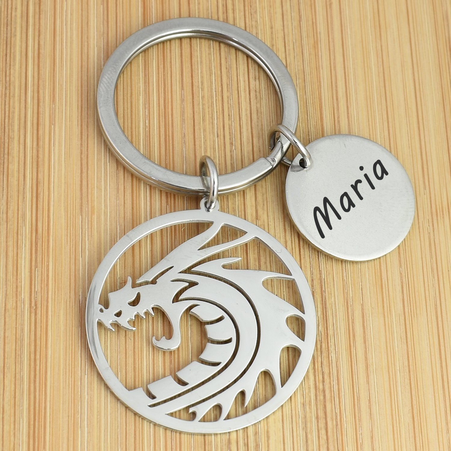 Porte-clés Dragon gravé — Médaillon Ajouré Cadeau Fantasy Personnalisé Acier Inox 2 Porte-clés Dragon gravé — acier inox