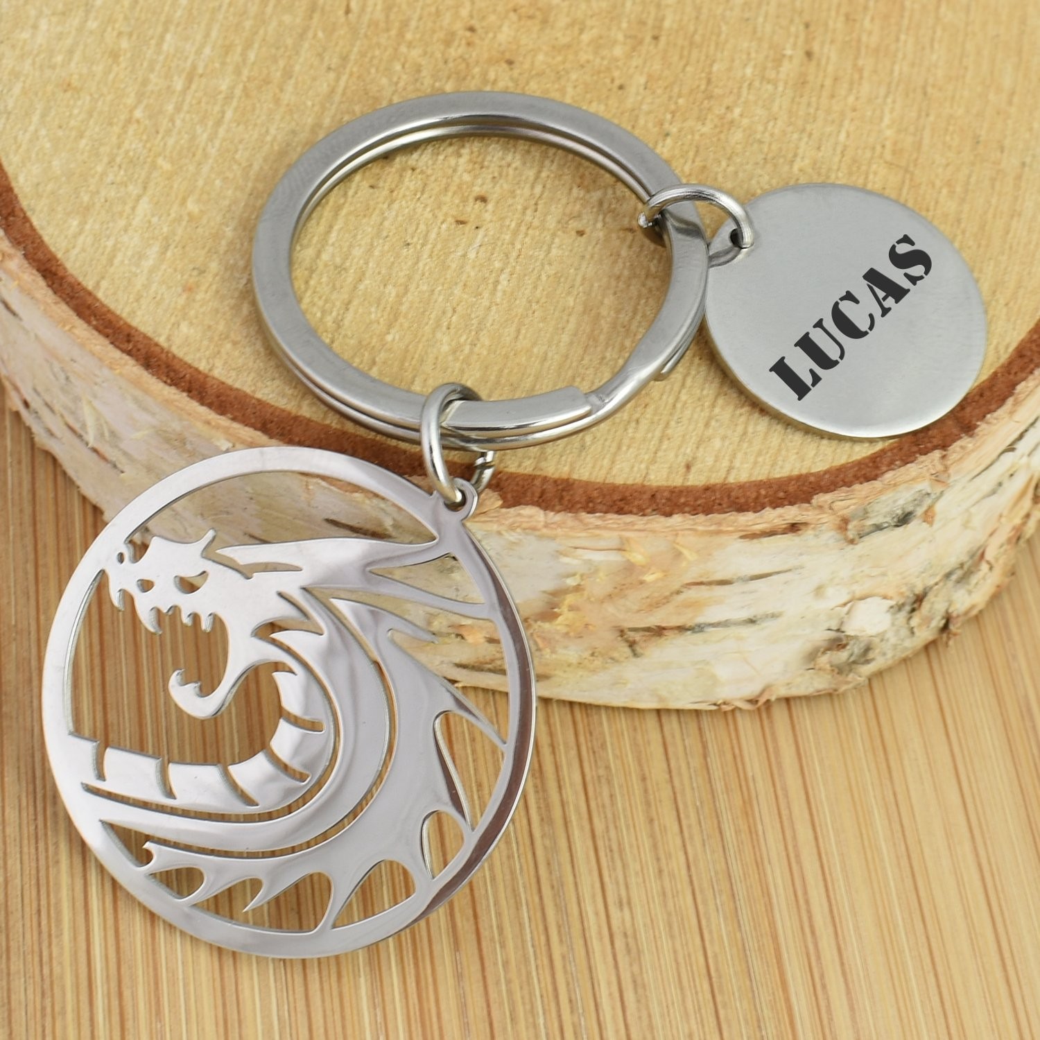 Porte-clés Dragon gravé — Médaillon Ajouré Cadeau Fantasy Personnalisé Acier Inox 3 Porte-clés Dragon gravé — acier inox