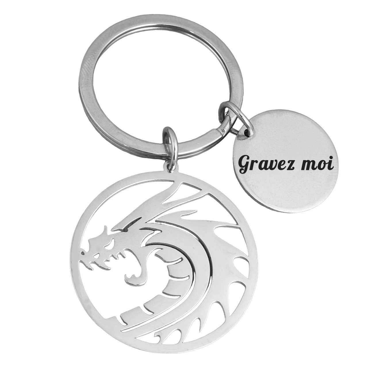 Porte-clés Dragon gravé — Médaillon Ajouré Cadeau Fantasy Personnalisé Acier Inox 1 Porte-clés Dragon gravé — acier inox