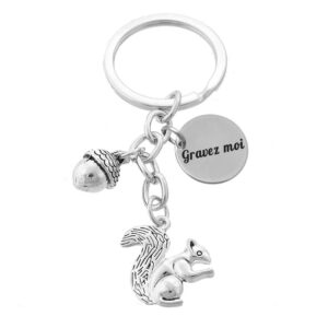 Porte-clés Écureuil gravé — Gland Nature Cadeau Animaux Personnalisé Métal Argenté