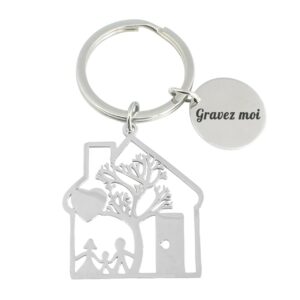 Porte-clés Famille gravé — maison arbre cœur acier
