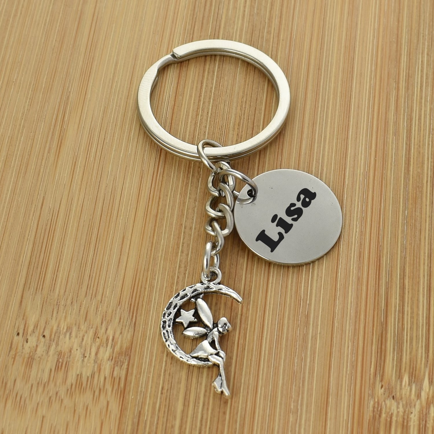 Porte-clés Fée Lune gravé — Clair de Lune Étoile Cadeau Féerique Personnalisé Métal Argenté 2 Porte-clés Fée gravé — clair de lune