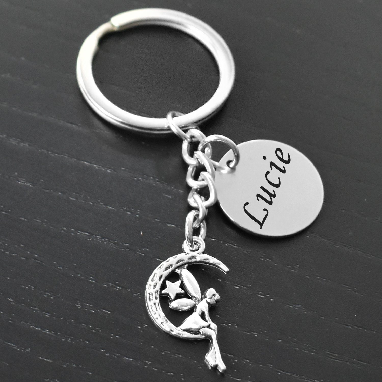 Porte-clés Fée Lune gravé — Clair de Lune Étoile Cadeau Féerique Personnalisé Métal Argenté 4 Porte-clés Fée gravé — clair de lune