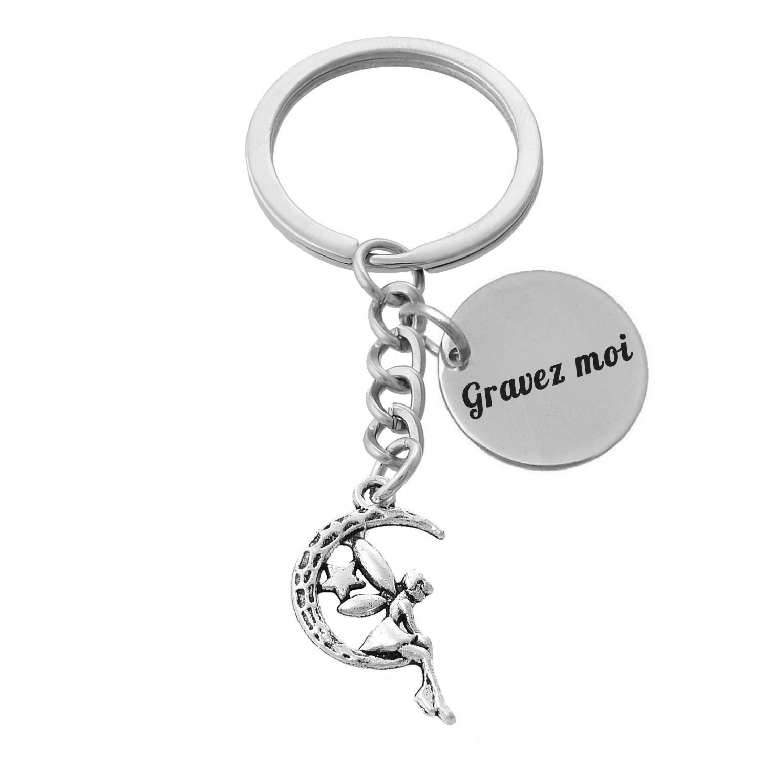 Porte-clés Fée Lune gravé — Clair de Lune Étoile Cadeau Féerique Personnalisé Métal Argenté 1 Porte-clés Fée gravé — clair de lune