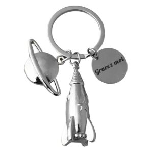 Porte-clés Fusée Espace gravé — Saturne Cadeau Astronomie Personnalisé Métal Argenté