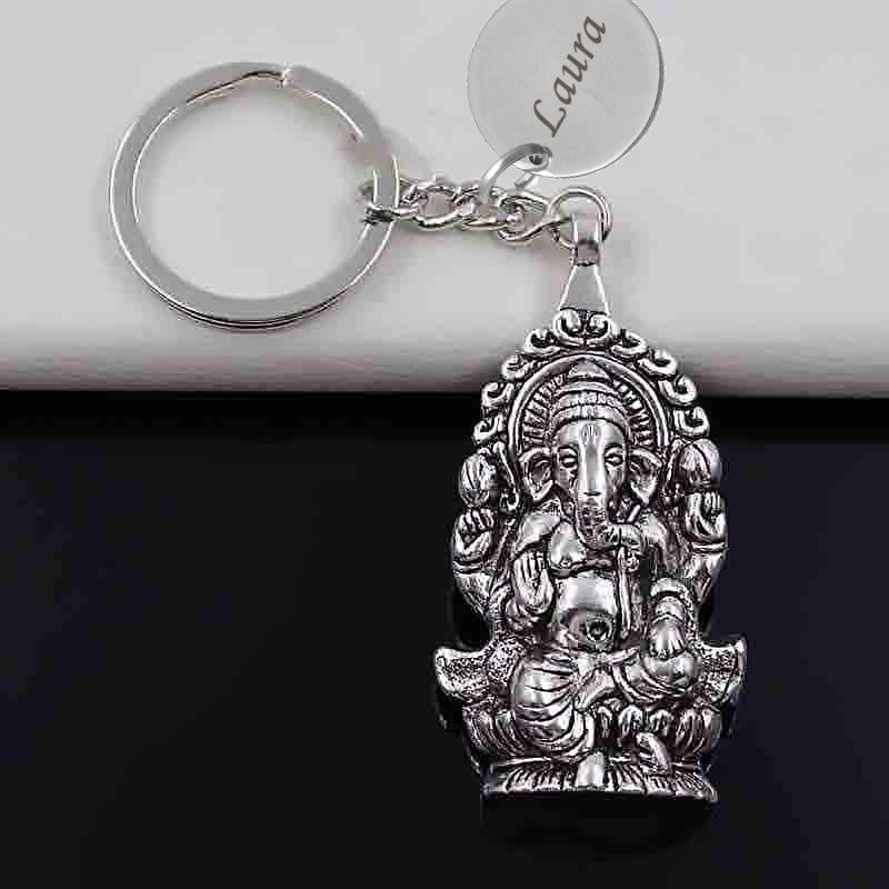 Porte-clés Ganesh gravé — Cadeau Spirituel Hindou Dieu Personnalisé Métal Argenté 3 Porte-clés Ganesh gravé