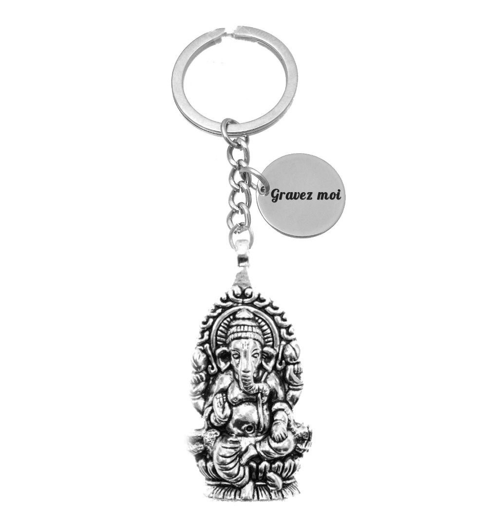 Porte-clés Ganesh gravé — Cadeau Spirituel Hindou Dieu Personnalisé Métal Argenté