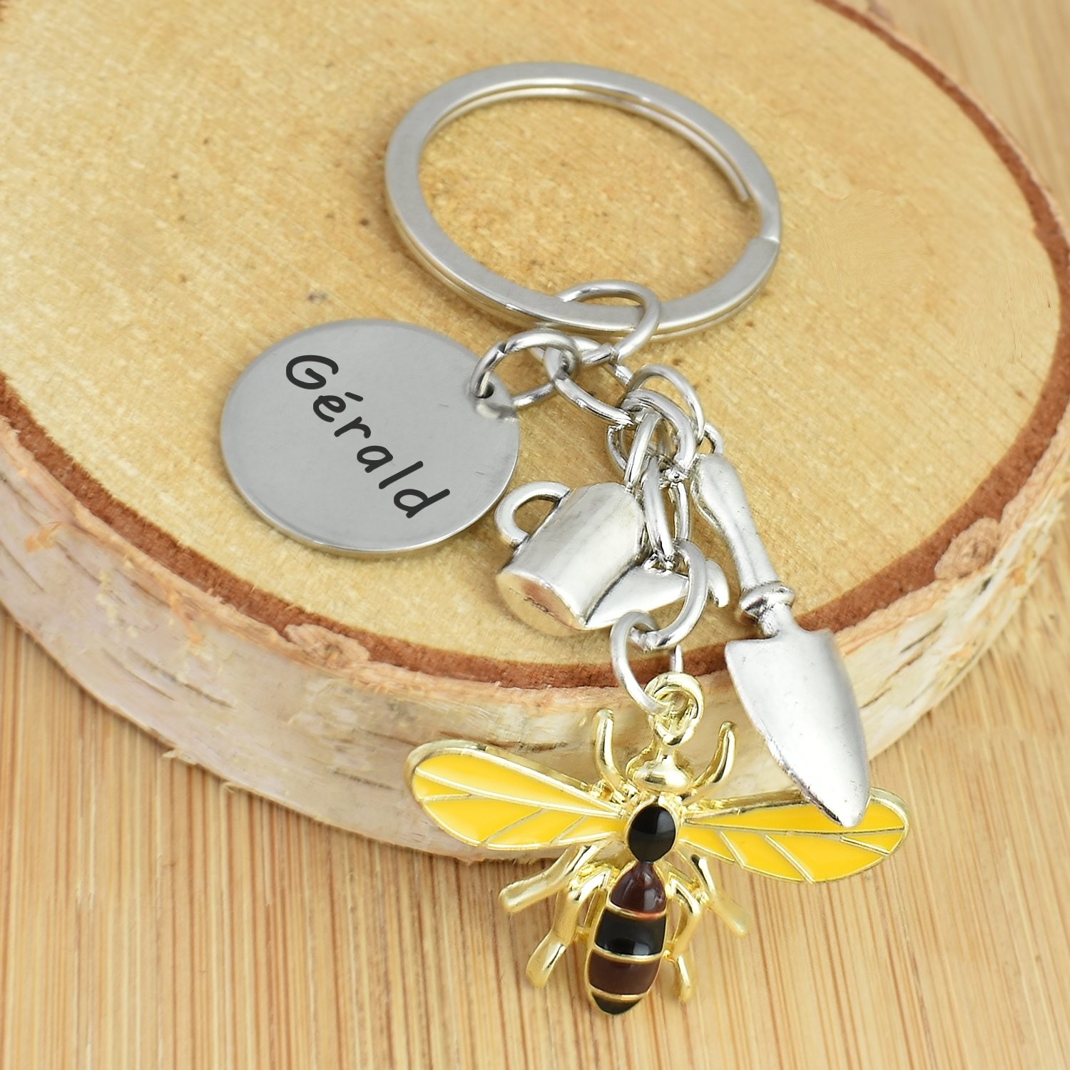 Porte-clés Jardinier gravé — Abeille Arrosoir Truelle Cadeau Jardinage Personnalisé 3 Porte-clés Jardinier gravé — abeille arrosoir