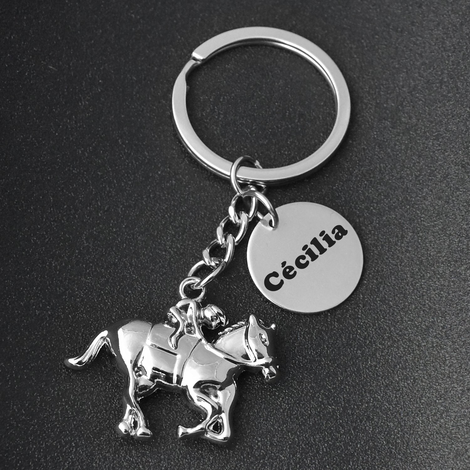Porte-clés Jockey gravé — Cheval au Galop Cadeau Courses Hippodrome Personnalisé 4 Porte-clés Jockey gravé — cheval au galop