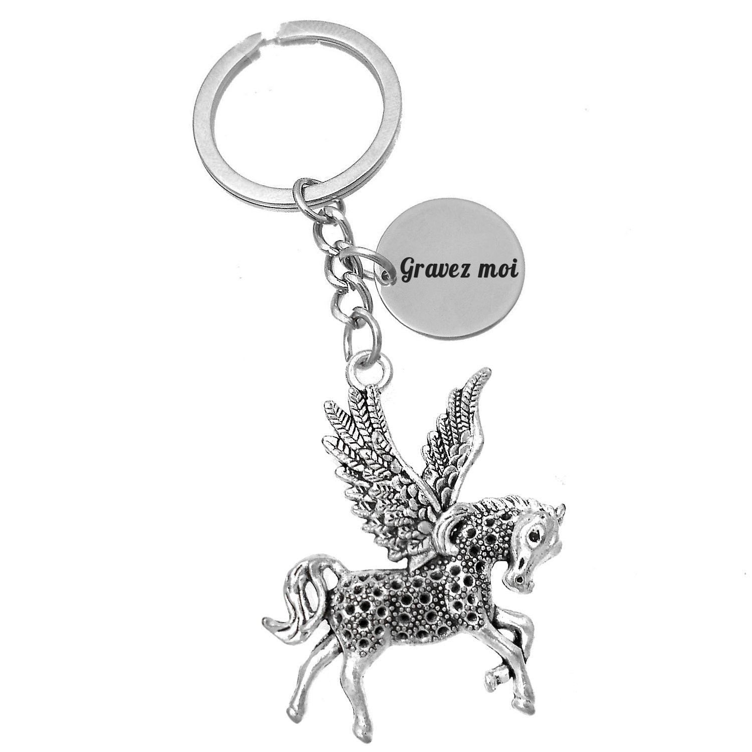 Porte-clés Licorne Pégase gravé — Cheval Ailé Cadeau Fantastique Personnalisé Métal Argenté 1 Porte-clés Licorne Pégase gravé