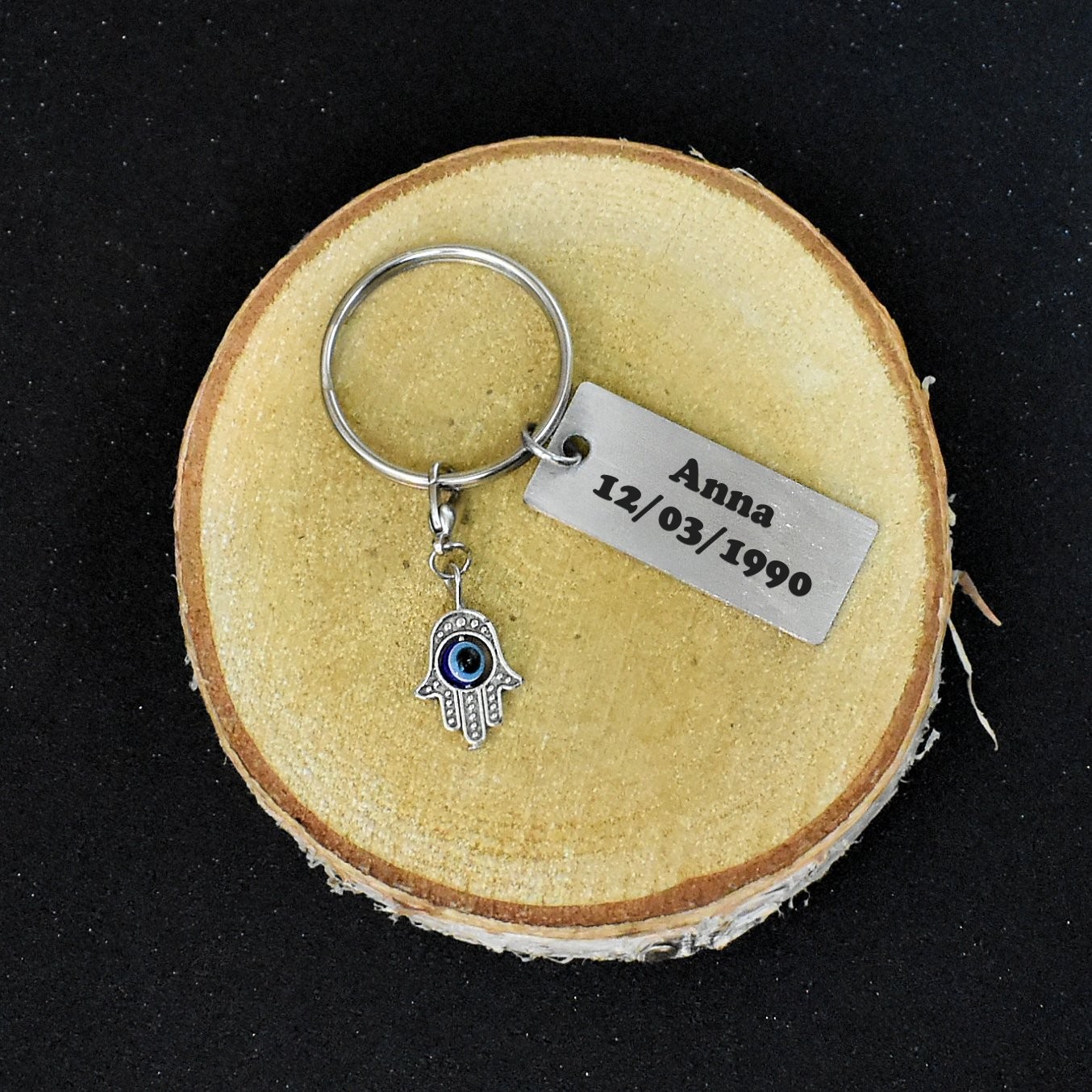 Porte-clés Main de Fatma gravé — Hamsa Œil Bleu Cadeau Protection Personnalisé 2 Porte-clés Main de Fatma gravé — plaque acier