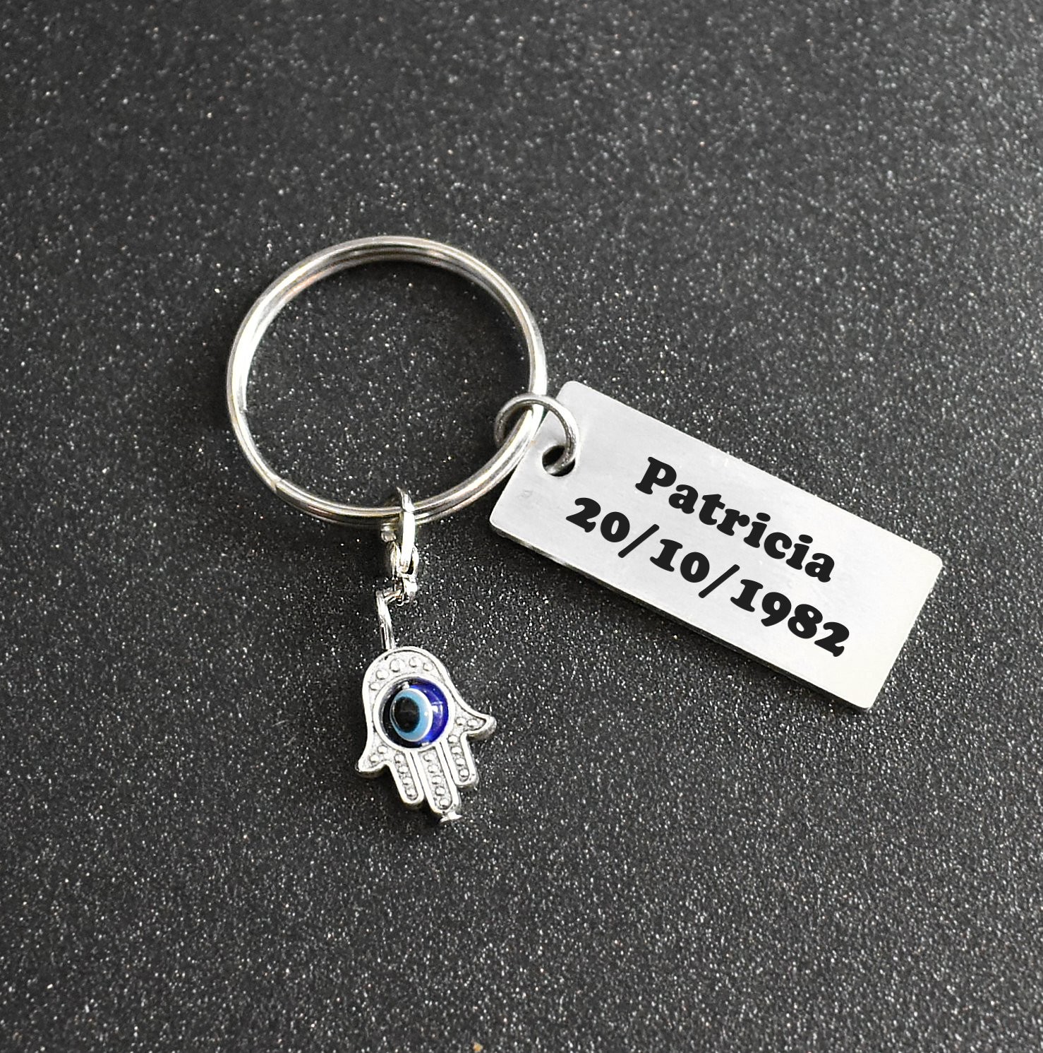 Porte-clés Main de Fatma gravé — Hamsa Œil Bleu Cadeau Protection Personnalisé 3 Porte-clés Main de Fatma gravé — plaque acier