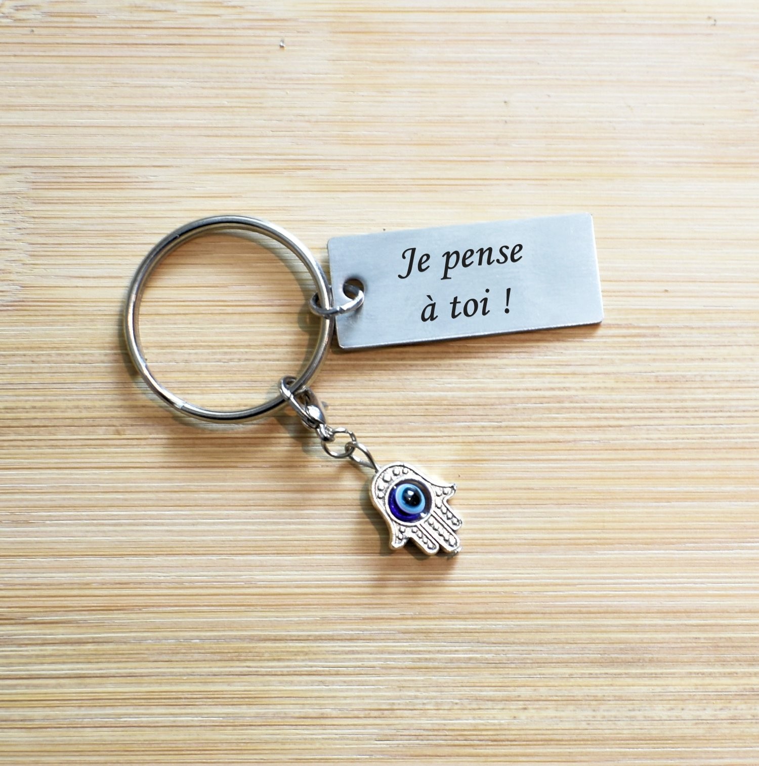 Porte-clés Main de Fatma gravé — Hamsa Œil Bleu Cadeau Protection Personnalisé 4 Porte-clés Main de Fatma gravé — plaque acier