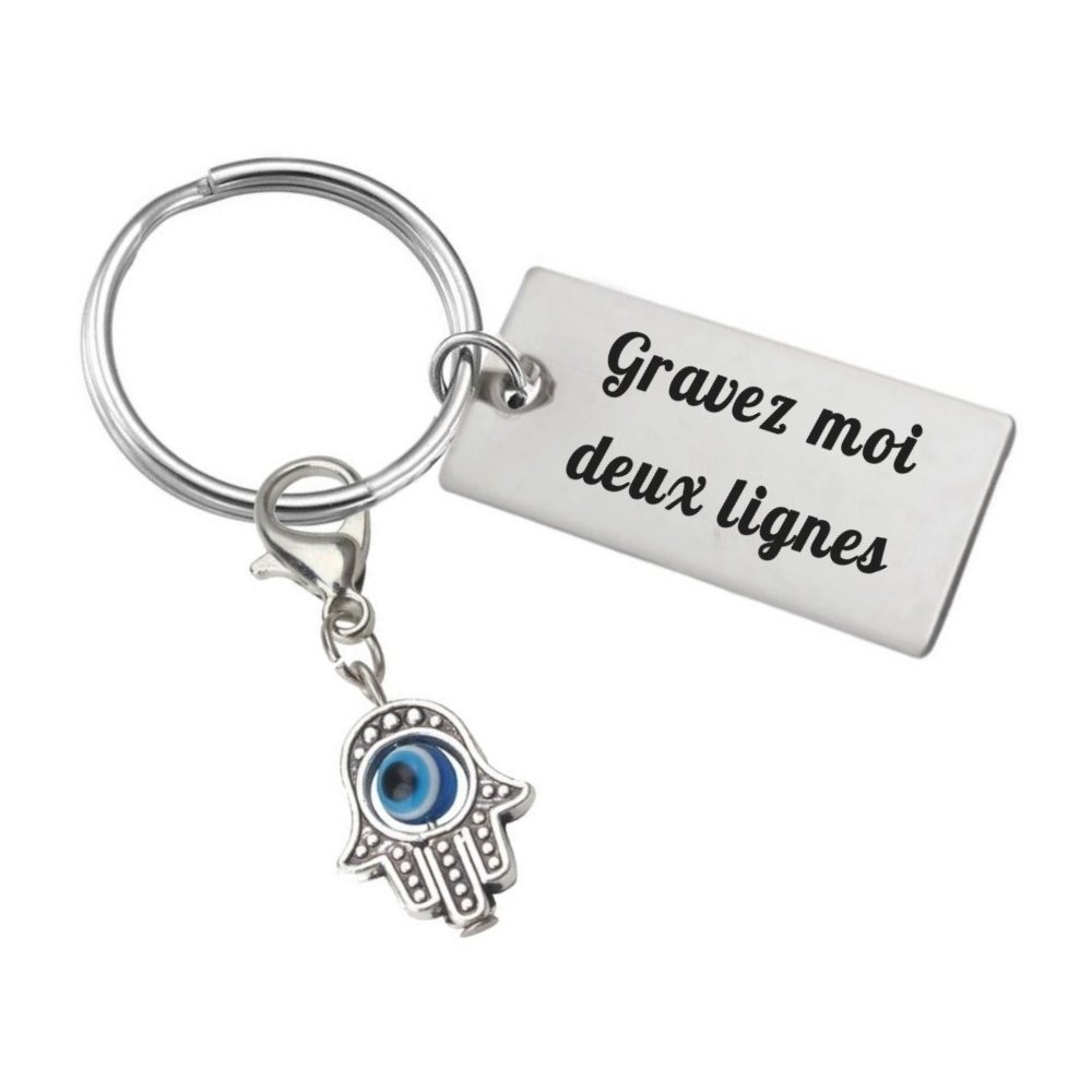 Porte-clés Main de Fatma gravé — Hamsa Œil Bleu Cadeau Protection Personnalisé 1 Porte-clés Main de Fatma gravé — plaque acier