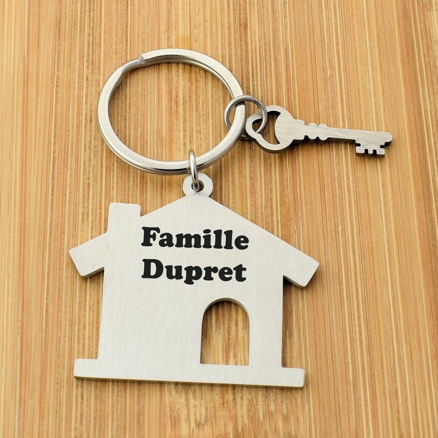 Porte-clés Maison gravé — 2 Lignes Clé Cadeau Emménagement Personnalisé Acier 2 Porte-clés Maison & Clé gravé — acier