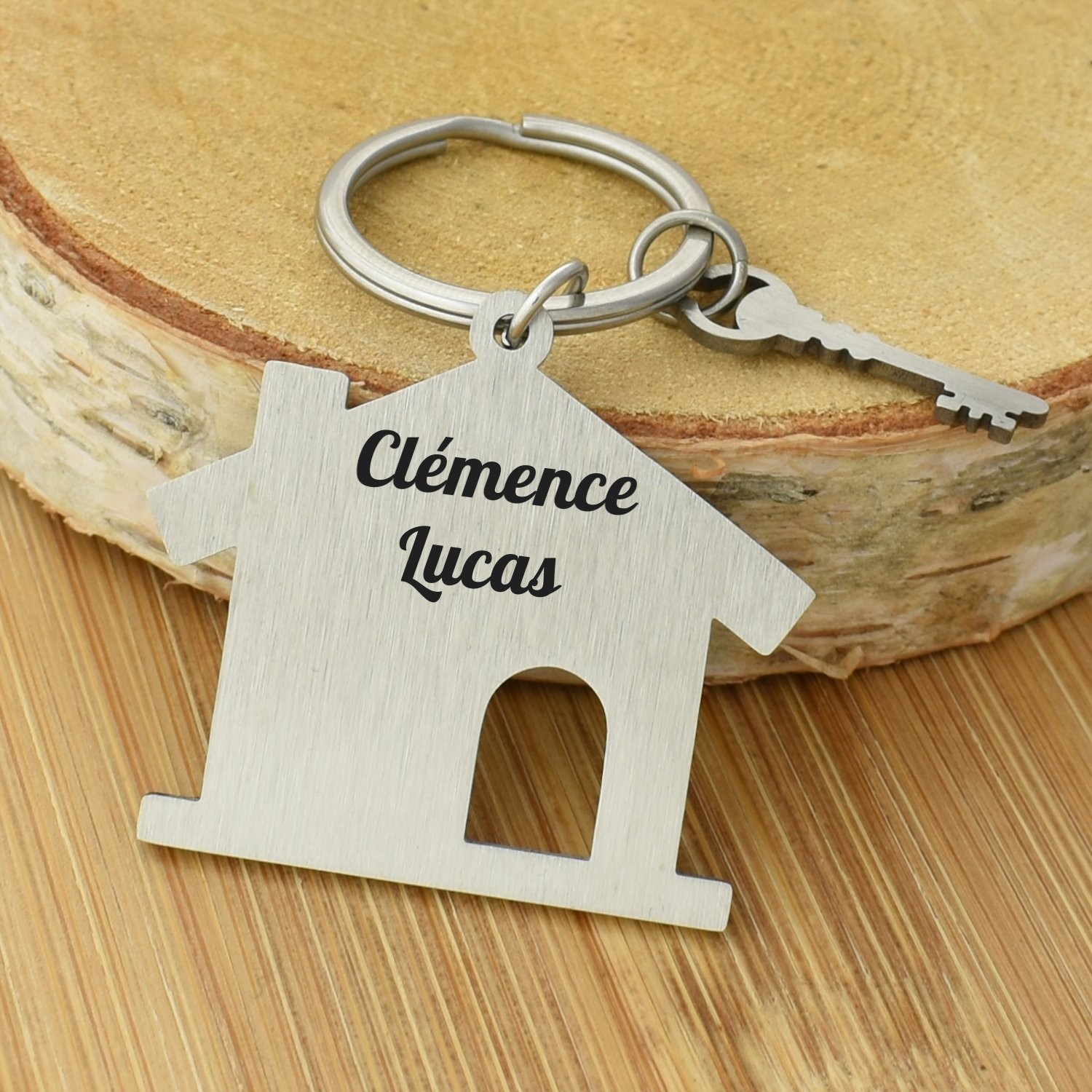 Porte-clés Maison gravé — 2 Lignes Clé Cadeau Emménagement Personnalisé Acier 3 Porte-clés Maison & Clé gravé — acier