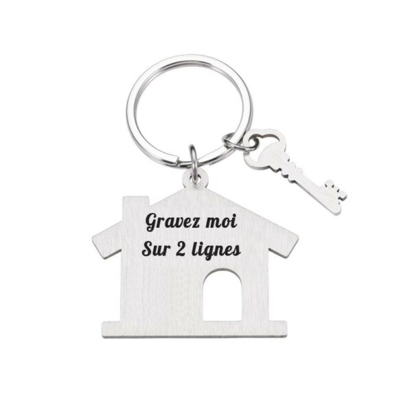 Porte-clés Maison gravé — 2 Lignes Clé Cadeau Emménagement Personnalisé Acier