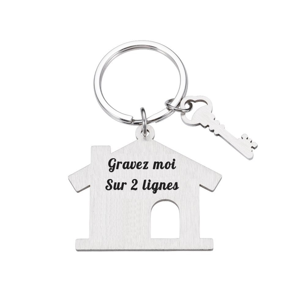 Porte-clés Maison gravé — 2 Lignes Clé Cadeau Emménagement Personnalisé Acier 1 Porte-clés Maison & Clé gravé — acier